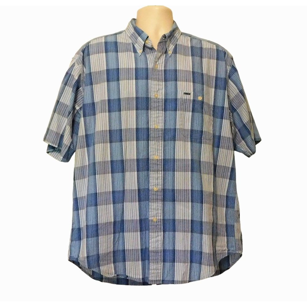 Alexander Julian Colours Shirt XL Blue Stripes Checks Short Sleeve Collar Cotton